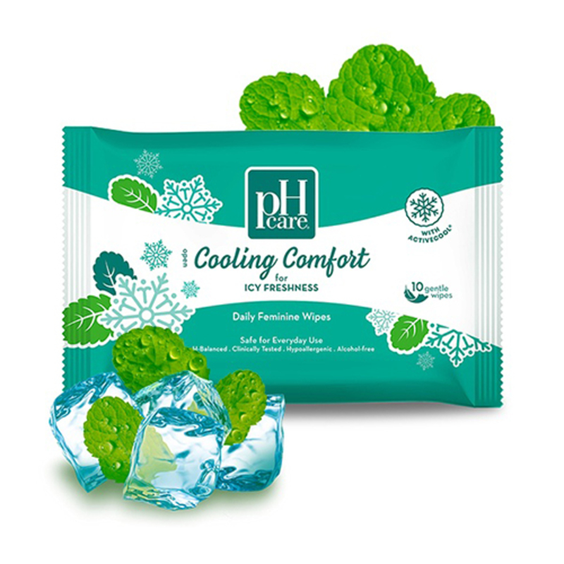 pH Care Cooling Comfort for Icy Freshness - Daily Feminine Wipes - with Activecool - Safe for Everyday Use - pH Balanced - 10 Gentle Wipes