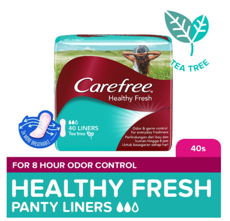 

Carefree Healthy Fresh Tea Tree Panty Liners - Up to 8-hour odor and germ control - Cottony soft cover - Breathable backing - 40 Liners