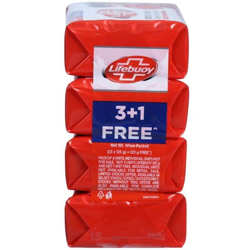 Lifebuoy 100% Stronger Germ Protection Soap  - Silver Defence Plus - Advance Formulation Cares For Your Skin - Gentle on Skin - 3x125 g + 1 Free