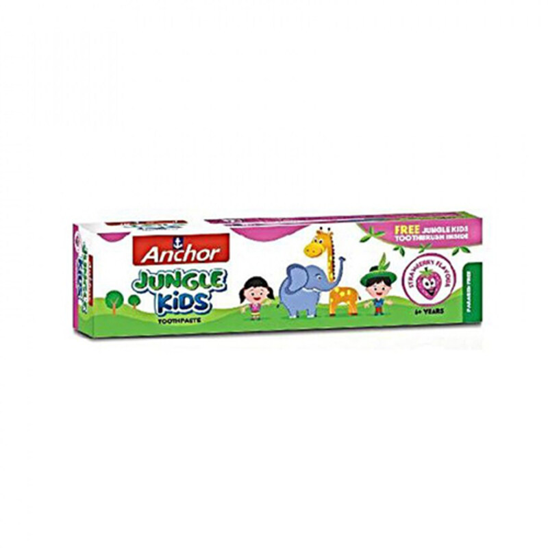 

Anchor Jungle Kids Toothpaste Strawberry Flavor - With Free Toothbrush - Soft Bristles - For 6+ Years - Paraben Free, 100 % Vegetarian - For Strong Te