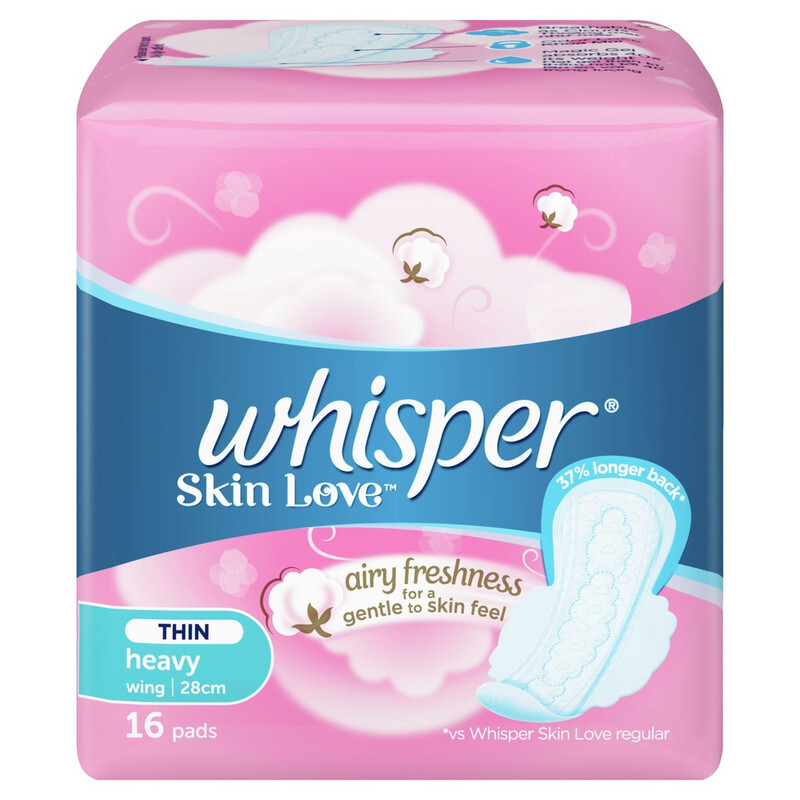 Whisper Skin Love - Thin Heavy With Wings - Odour Protect, Slim & Soft - 16 Pads 28 cm