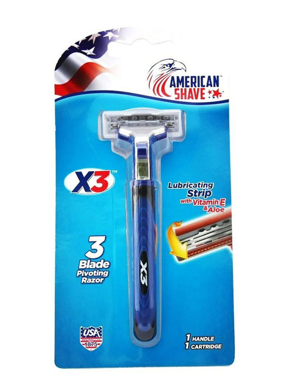 American Shave X3 - 3 Blade Pivoting Razor with 1 Cartridge, Blue/Silver, 2 Pieces