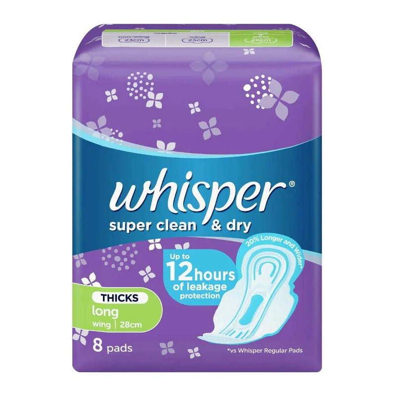 Whisper Super Clean & Dry Pads with Wings 20percent Longer and Wider Up to 12 hours of Leakage Protection Anti Leak Barriers Fast Absorbing 8 pads