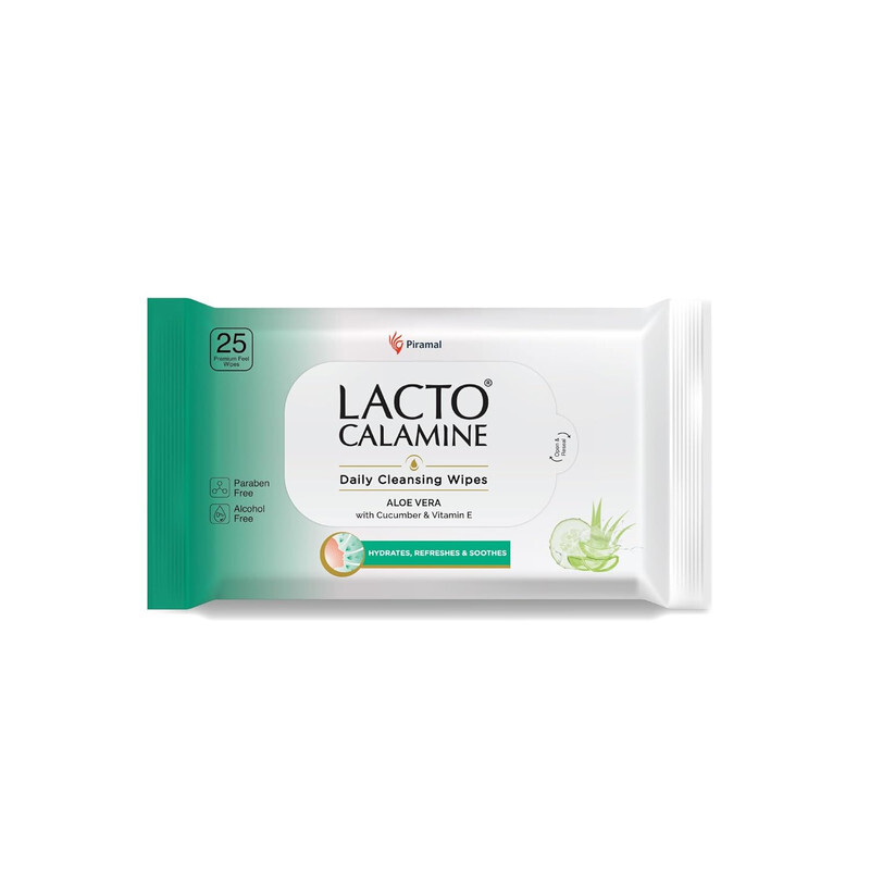 Lacto Calamine Daily Cleansing Wipes Aloe Vera with Cucumber & Vitamin E - Hydrates, Refreshes & Soothes - Paraben Free & Alcohol Free - 25 Usable Wipes 130 g