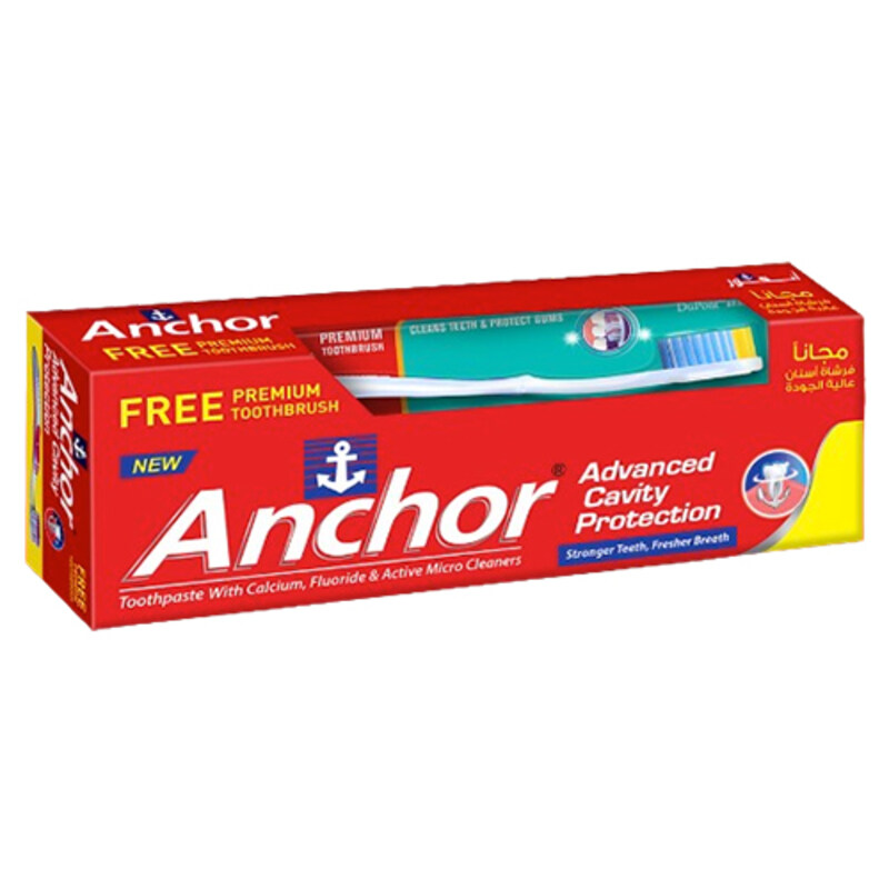 

Anchor Advanced Cavity Protection Toothpaste with Free Toothbrush - With Calcium, Flouride & Active Micro Cleaners- Stronger Teeth & Fresher Breath -