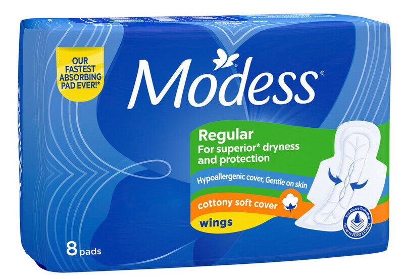 

Modess Regular Cottony Soft Pads with Wings For Superior Dryness and Protection Hypoallergenic Cover Gentle on Skin Fast Absorbing Pads 8 Pads