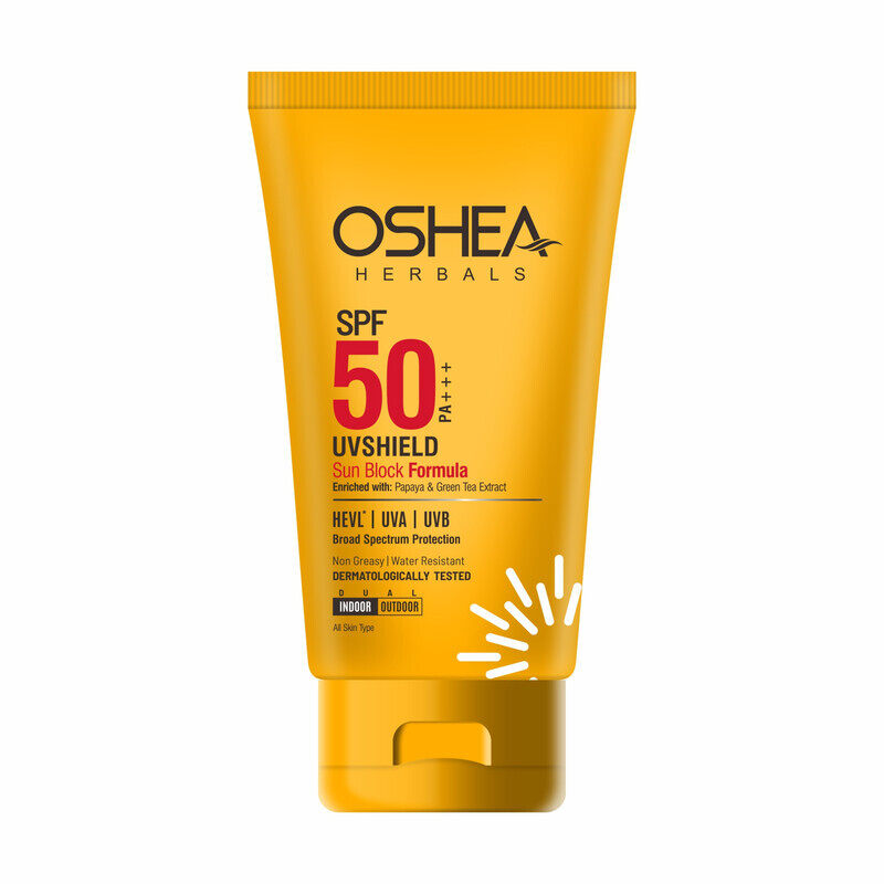 

Oshea Herbals UV Shield Sun Block Formula SPF 50 PA+++ - Broad Spectrum Protection HEVL, UA, UVB - With Papaya & Green Tea Extract - Non Greasy & Wate