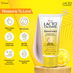 Lacto Calamine Sunscreen Kaolin Clay with Lemon Extracts - SPF 50 PA+++ UVA & UVB - Paraben Free, Water Resistant & No White Cast - For Oily Skin - 50 g