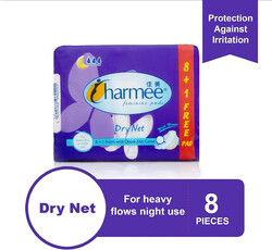 Charmee Feminine Pads Dry Net - With Wings - For Heavy Flow or Night Use - 8 + 1 Pads