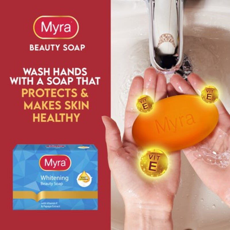 Myra Whitening Beauty Soap - With Vitamin E and Papaya Extract - Deeply Cleanses for Healthy White Skin - 90g