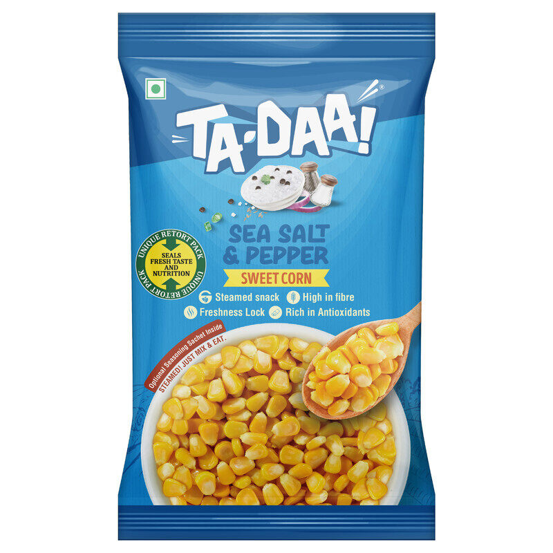 

Tadaa TA DAA Boiled Sweet Corn Sea Salt & Pepper - Steamed Snack, High in Fibre & Anti-oxidants - Ready-to-Eat - No Preservatives & No Additives - 225 g