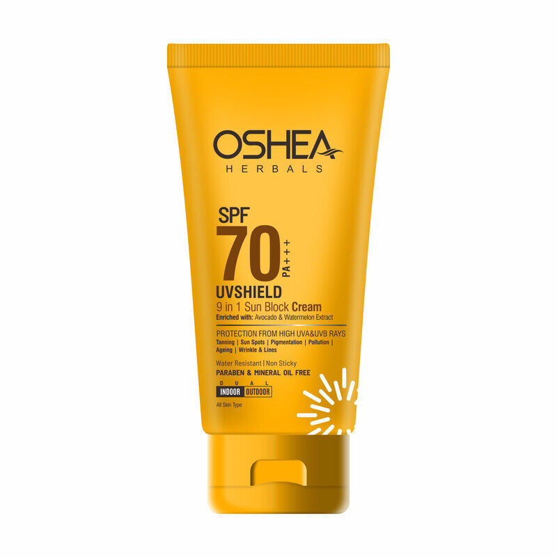 

Oshea Herbals UV Shield Sun Block Gel SPF 70 - 9 in 1 Sun Block Cream - With Avocado & Watermelon Extract - Water Resistant & Non Sticky - Anti Age