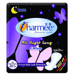 Charmee Feminine Pads All Night Long Cottony with Wings - For Extra Heavy Flow or Night Use - with Back Leak Protection - 360mm Super Extra Long - 10 Pads