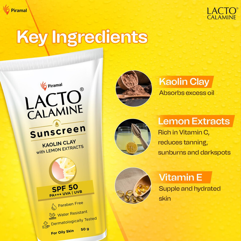 Lacto Calamine Sunscreen Kaolin Clay with Lemon Extracts - SPF 50 PA+++ UVA & UVB - Paraben Free, Water Resistant & No White Cast - For Oily Skin - 50 g