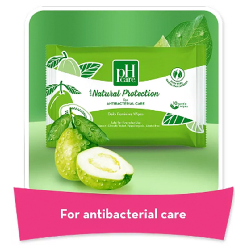 pH Care Natural Protection for Anti-Bacterial Care - Daily Feminine Wipes - with Real Guava Leaf Extract - Safe for Everyday Use - pH Balanced - 10 Gentle Wipes