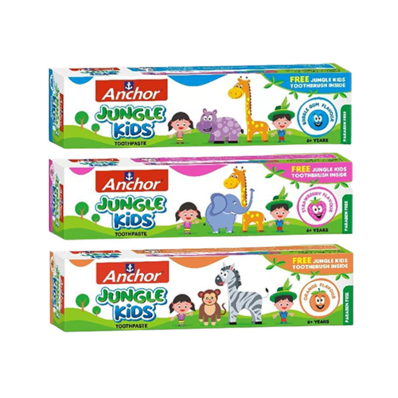 

Anchor Jungle Kids Toothpaste Bubble Gum Flavor - With Free Toothbrush - Soft Bristles - For 6+ Years - Paraben Free, 100 % Vegetarian - For Strong Te