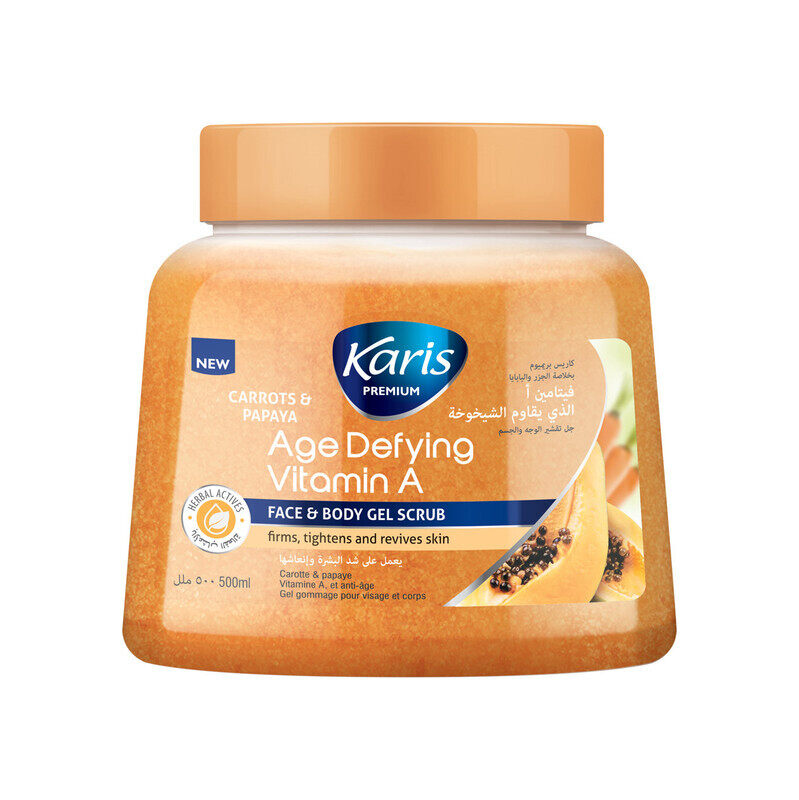 

Karis Premium Face & Body Gel Scrub - Age Defying Vitamin A - Firms, Tightens & Revives Skin - with Herbal Actives - Carrots & Papaya - 500 ml