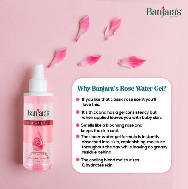 Banjara's Rose Water Gel Spray - Alcohol & Paraben Free - Oil Free Moisturizer - 100 ml