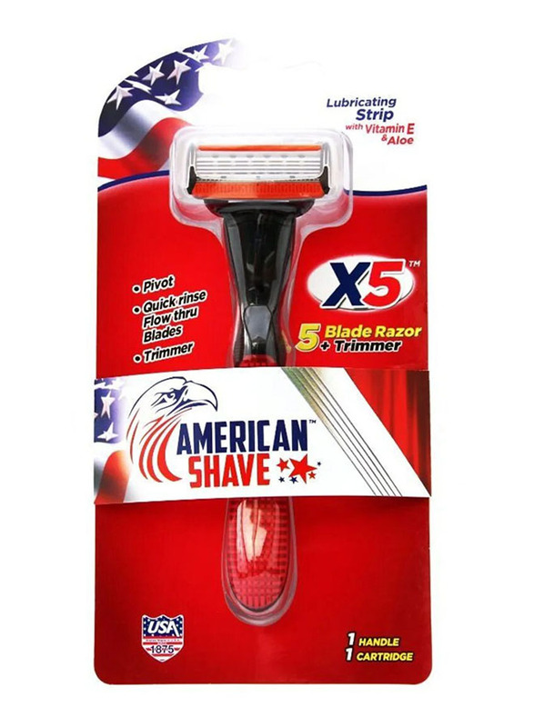 

American Shave X5 - 5 Blade Razor + Trimmer, Red/Black, 1 Piece