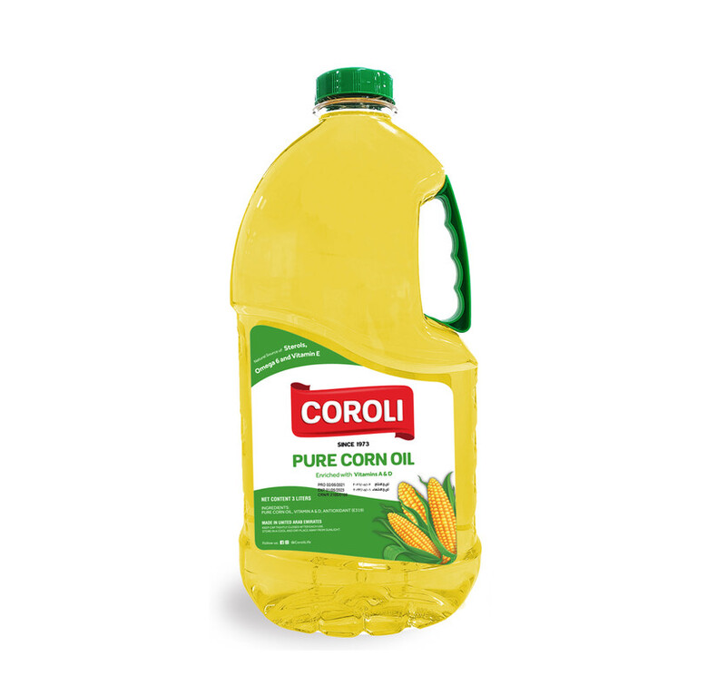 Coroli Pure Corn Oil 3 Liters Enriched with Vitamin A and D Zero Trans Fat Natural Source of Vitamin E for Cooking of Variety of Curries, Fried Foods, Noodles, Spaghetti and More
