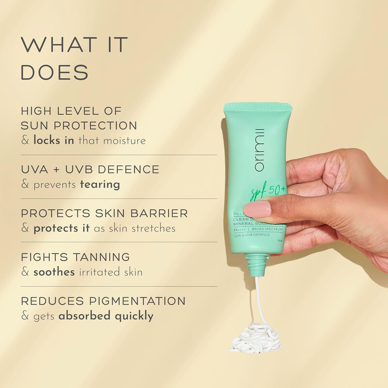 Orimii Clean Shield Mineral Sunscreen with SPF 50+ - PA++++, Broad Spectrum, UVA and UVB Defence - Safe for Moms - 50 ml