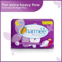 Charmee Feminine Pads - All Night Plus - Extra Long & With Wings - For Heavy Flow or Night Use - 4 Pads