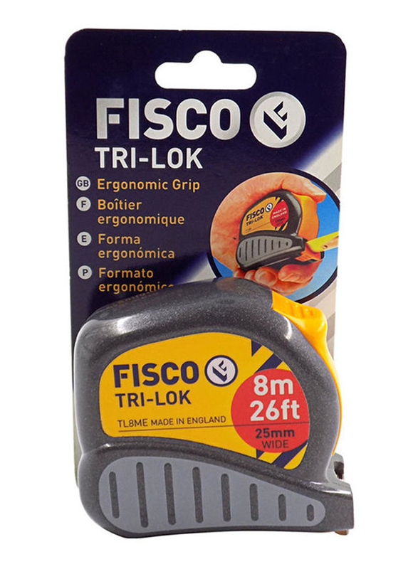 Fisco 8-Meter Trilok Measuring Tape, Grey/Yellow/Black