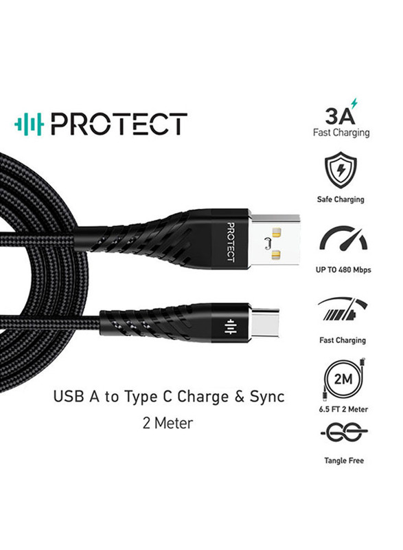 Protect 2-Meter Fast Data Sync And Transfer Cable, USB A to USB Type-C, Tangle Free, DC035B, Black