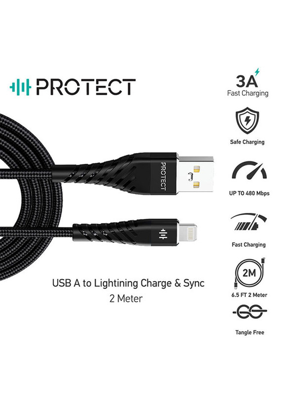 Protect 2-Meter Data Sync & Transfer Cable, USB Type A to Lightning, Tangle Free for Lightning Port Devices, DC035C, Black