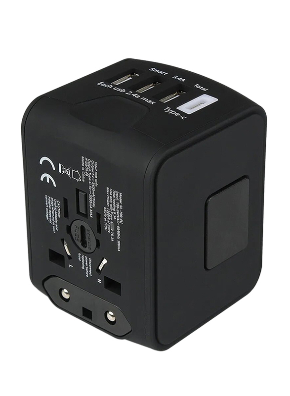 Protect Universal Travel Adapter with 3 USB & 1 Type C Charging Ports, Black