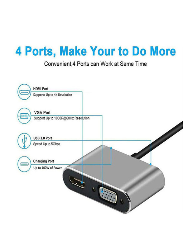 Protect 4-in-1 HDMI 4K to USB 3.0 USB Hub, USBH4-1, Grey