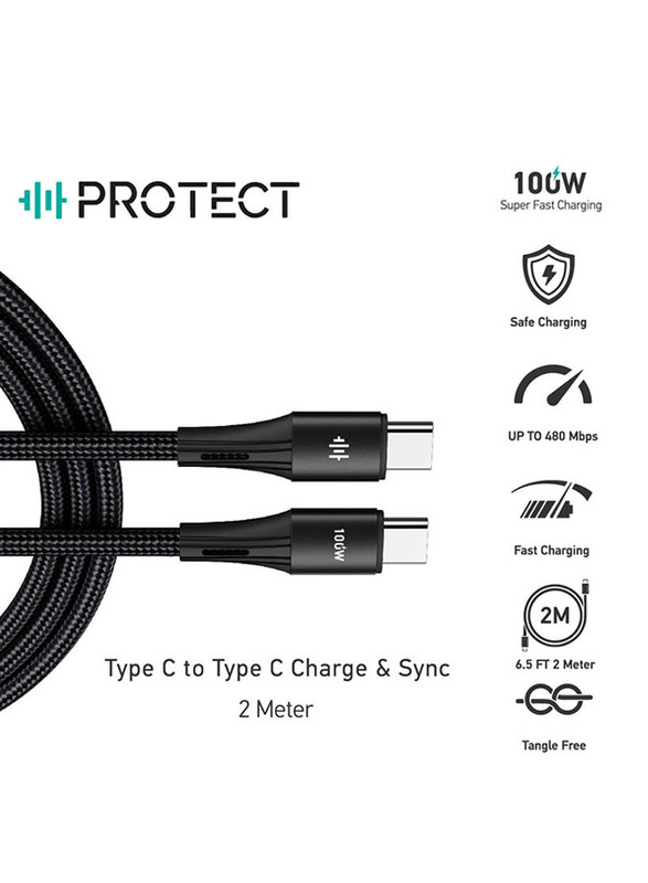 Protect 2-Meter Super Fast Charging Cable, USB Type-C to USB Type-C for Laptop/Macbook/Tablet/iPad/Smartphones, PJ-W2159, Black