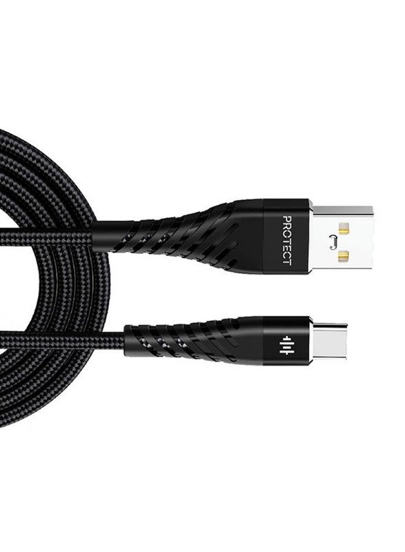 Protect 2-Meter Fast Data Sync And Transfer Cable, USB A to USB Type-C, Tangle Free, DC035B, Black