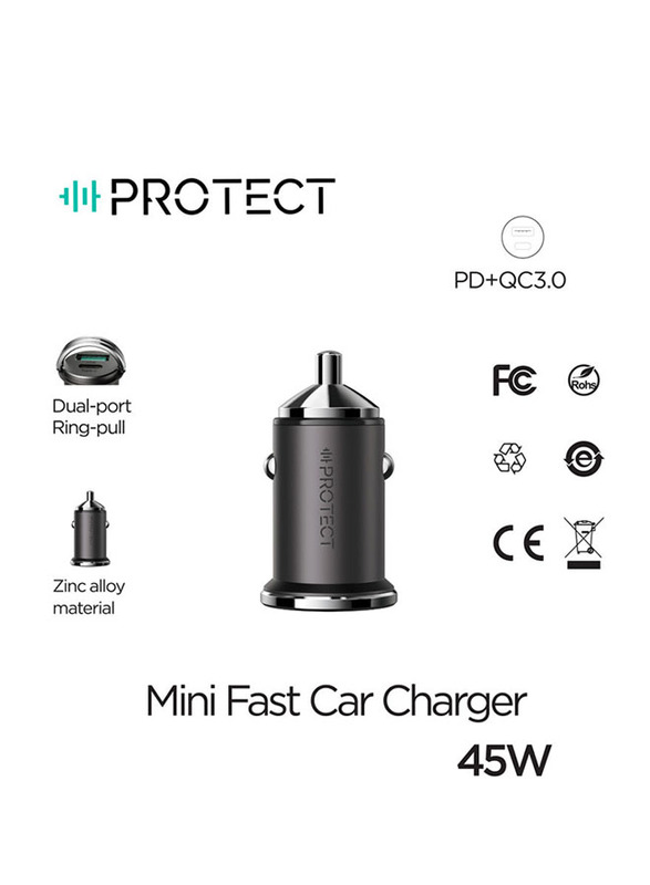 Protect Dual Port Car Fast Charging Charger, USB A and USB C, C-A35, Black