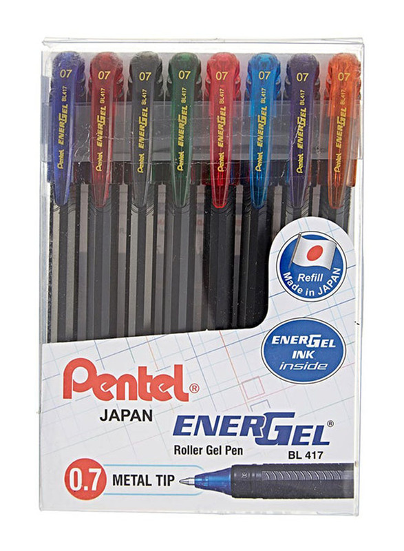 Pentel 8-Piece 0.7mm EnerGel Roller Gel Pen, BL417, Multicolour