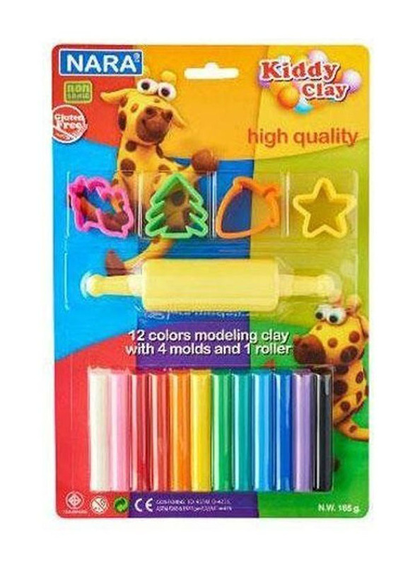 Nara Kiddy Clay 12 Colours Modelling Clay with 4 Mould and 1 Roller Set, Multicolour