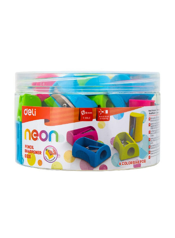 Deli 48-Piece Neon Pencil Sharpener Set, Multicolour