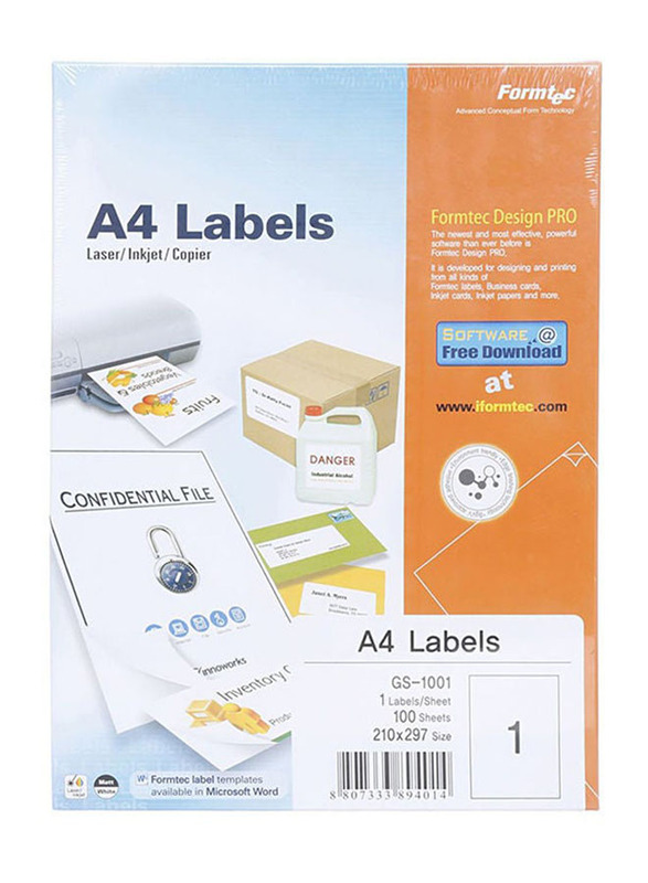 Formtec All-Purpose Labels, 100 Sheets, A4 Size, White