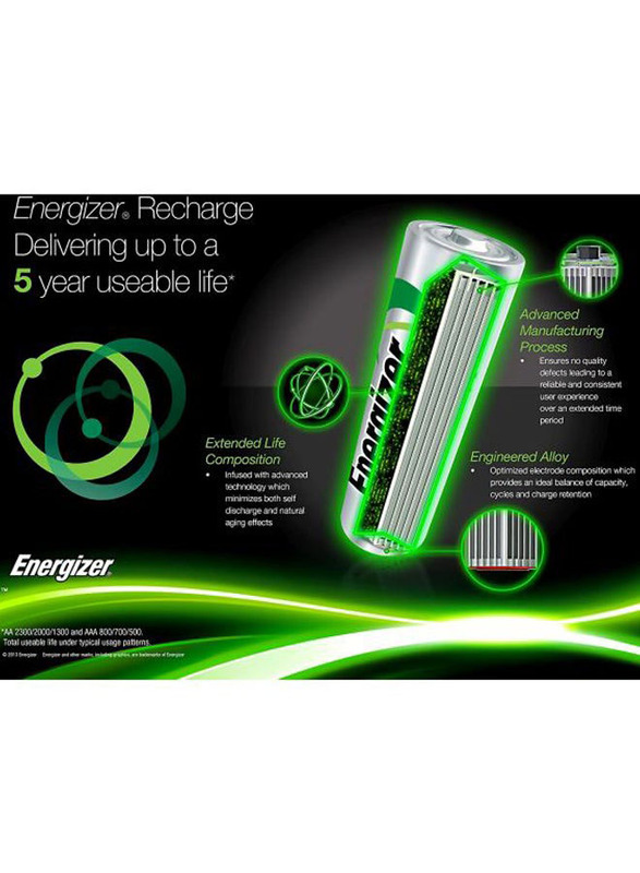 Energizer NH12 BP2 Rechargeable AAA Battery Set, 4 Pieces, Silver/Green