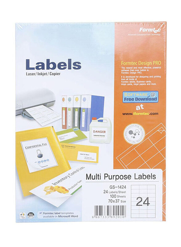 

Formtec A4 Labels, 100 Sheets, White