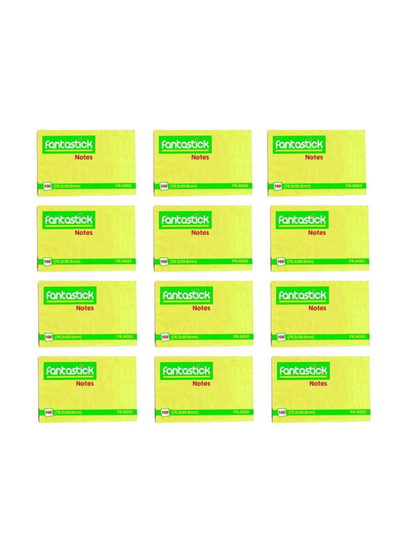 Fantastick Sticky Notes, 12 x 100 Sheets, 2 x 3 inch, Yellow