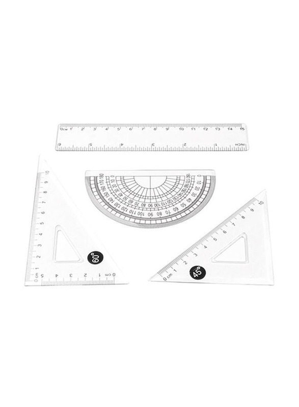 4-Pieces Clear Plastic Math Geometry Tool Ruler Set, OS3798-A, White