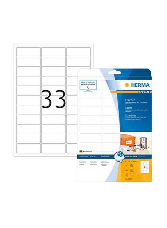 Herma Self Adhesive Multi-Purpose Labels, 33 Labels Per Sheet, A4 Size, 63.5 x 25.4mm, White