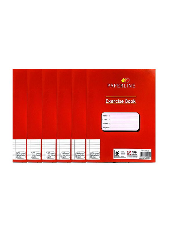 Paperline 4 Line Ruling Exercise Book English, 100 Sheets, 6 Pieces, Red