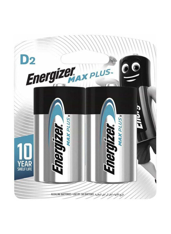 

Energizer Max Plus D2 Alkaline Battery Set, 2 Pieces, Silver/Black