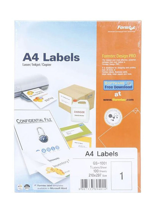 Formtec Labels, A4 Size, 100 Sheets, White