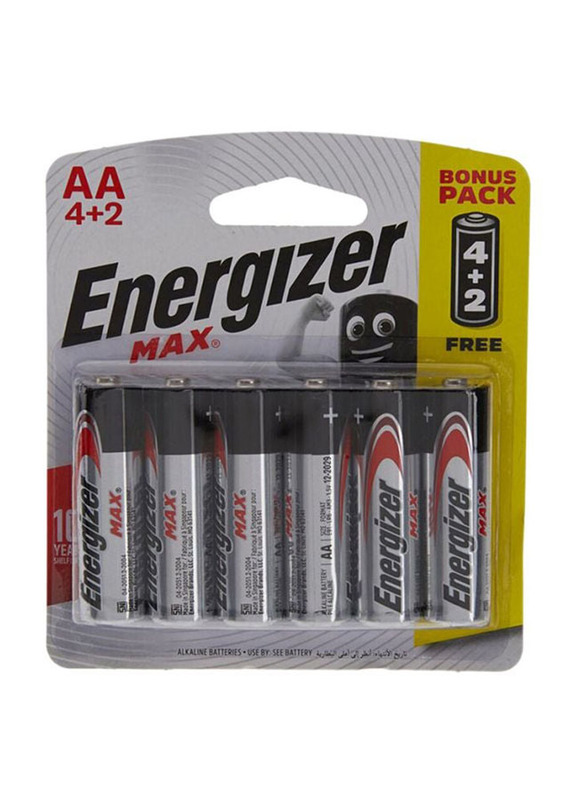 Energizer Max AA Alkaline Battery Set, 6 Pieces, Silver/Black/Red