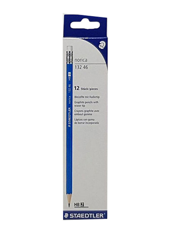 Staedtler 12-Piece Hb2 Pencil Set with Attached Tip Eraser, Blue/White