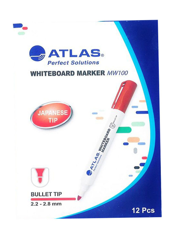 Atlas 12-Piece Bullet Tip White Board Marker, Red