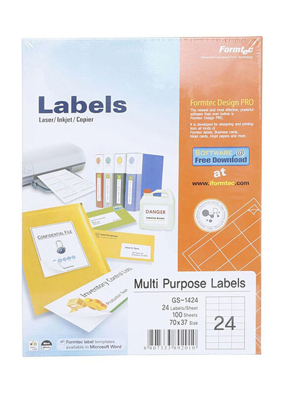 

Formtec Multi Purpose 24 Labels Per Sheet, 100 Sheets, White